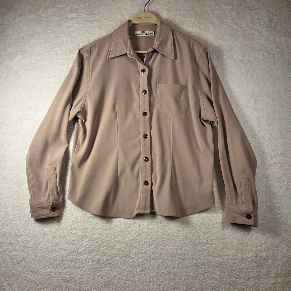 Cristian Trapani Women's Taupe Long Sleeve Button Up Shirt Pocket Size L